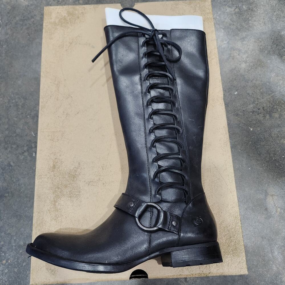 Black Lace-Up Knee-High Heeled Boot